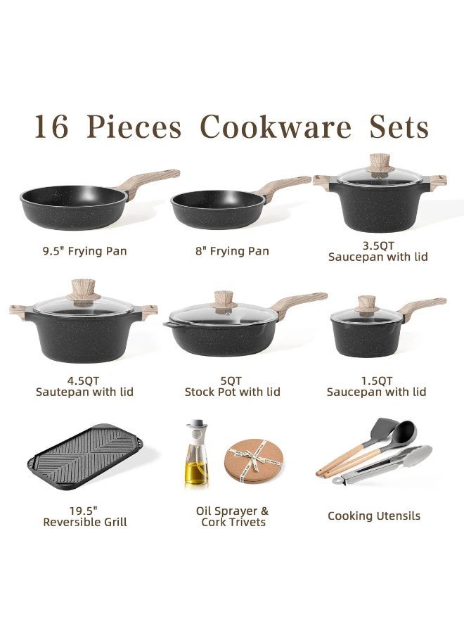 Caannasweis 16Pcs Cookware Sets, Nonstick Pots and Pans Set, Granite Induction Cookware, Non Stick Kitchen Cooking Set withTempered Glass Lids，Gas, Electric, Ceramic, Induction Compatible，Long baking pan Set, PFOS PFOA Free（Black，16pcs） - Image 2